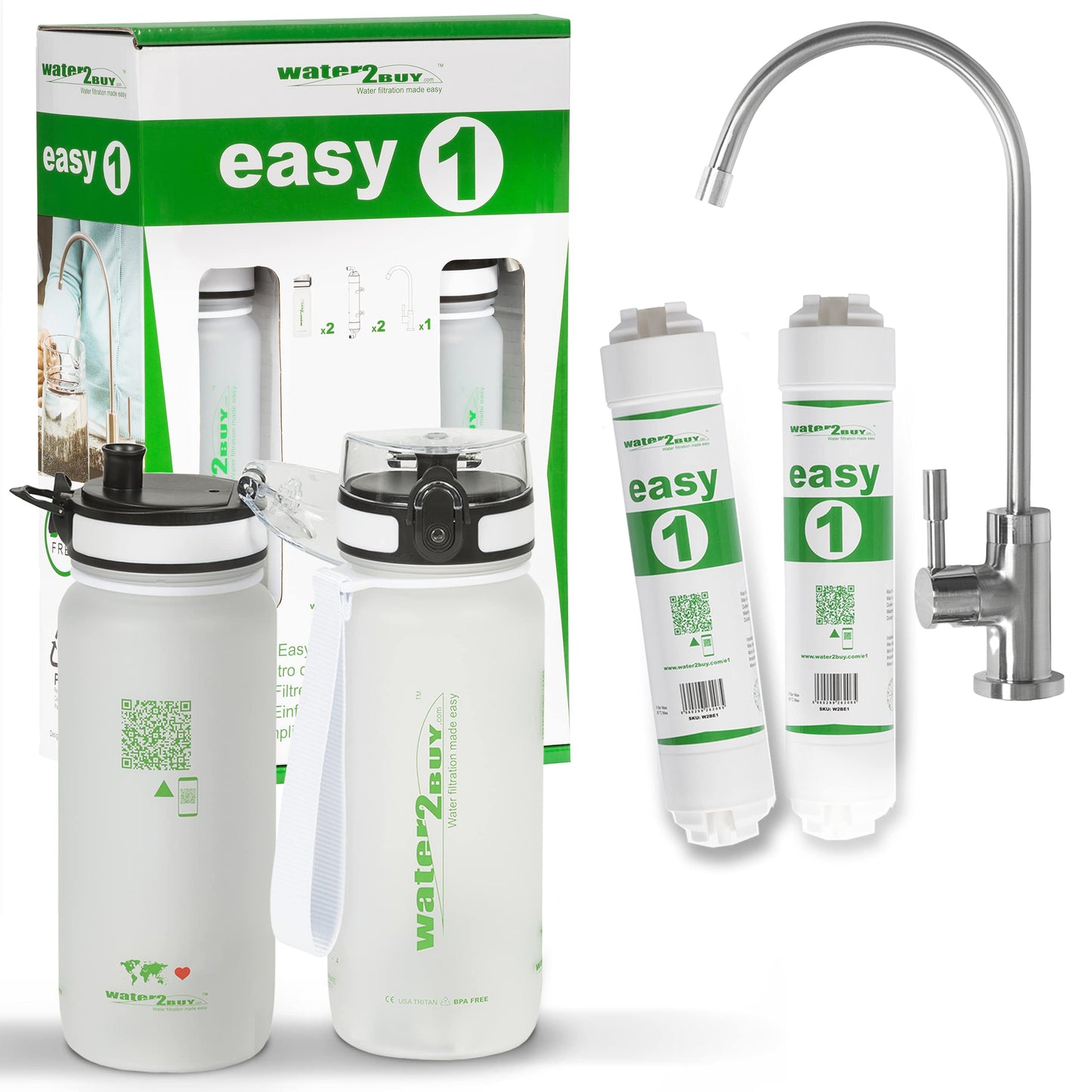 Easy1 vannfiltersystem med 2 vannflasker, gir 6000L rent vann i 6-12 måneder, NSF/FDS/ISO 9001 & 14001 sertifisert, under vasken vannfilterkran Easy DIY Kit Model