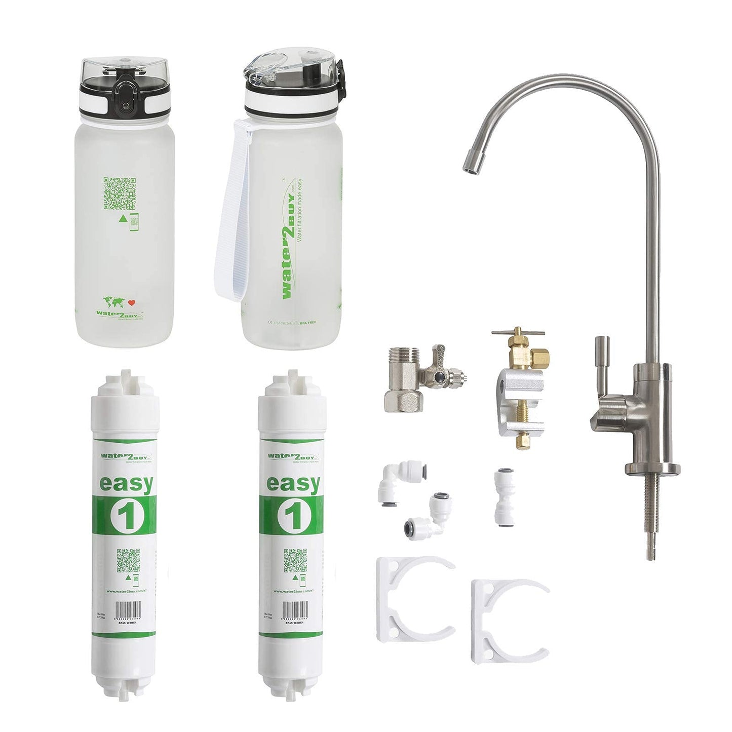 Systém vodního filtru Easy1 se 2 lahvemi na vodu, poskytuje 6000 l čisté vody po dobu 6–12 měsíců, certifikace NSF/FDS/ISO 9001 & 14001, kohoutek s vodním filtrem pod dřez Easy DIY Kit Model