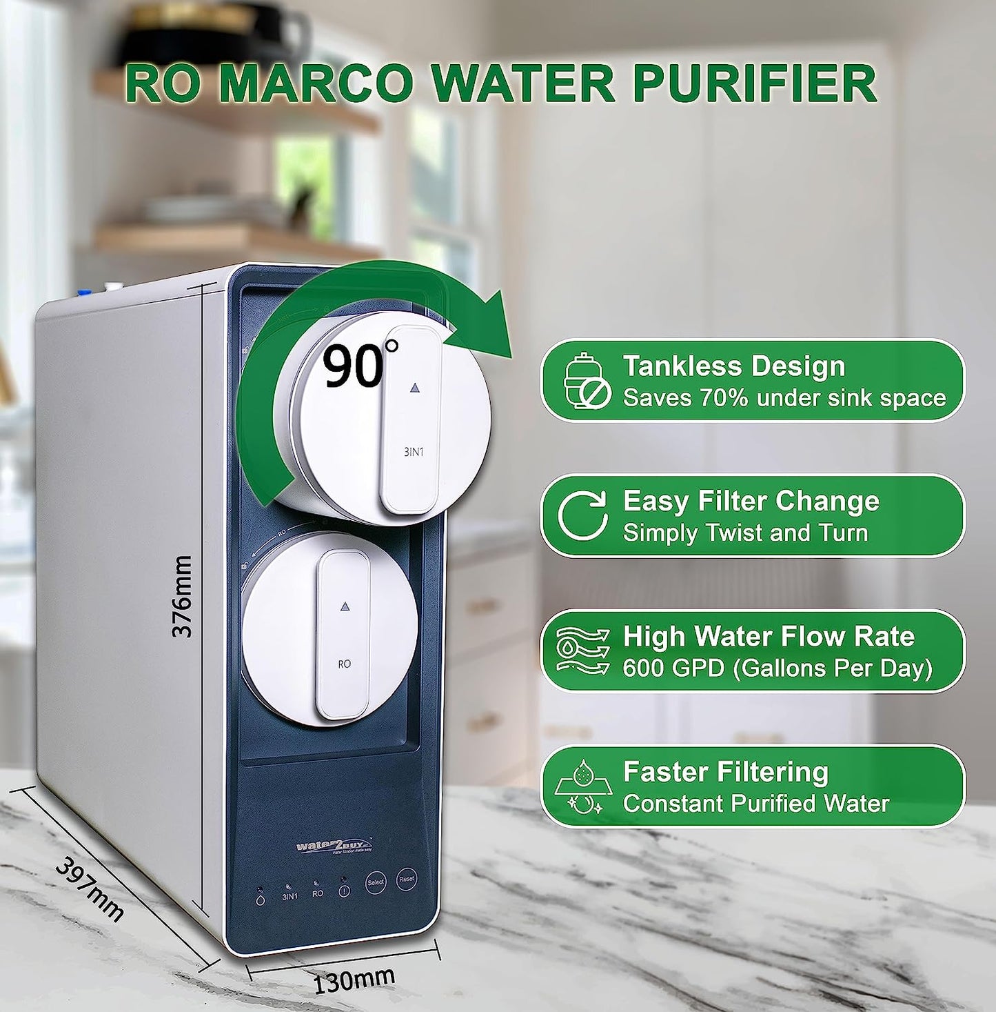 Water2Buy RO omvänd osmos vattenfiltreringssystem med kran - tanklös Utrymmesbesparande design, 600t GPD Fast Flow