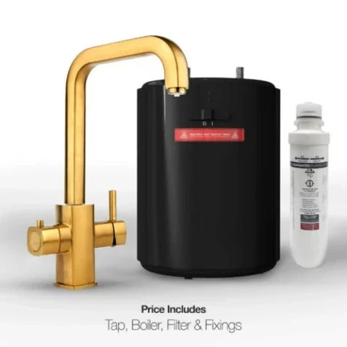 3-in-1-Wasserhahn für kochendes Wasser in gebürstetem Gold. Inklusive Wasserhahn, Boiler, Filter und Armaturen