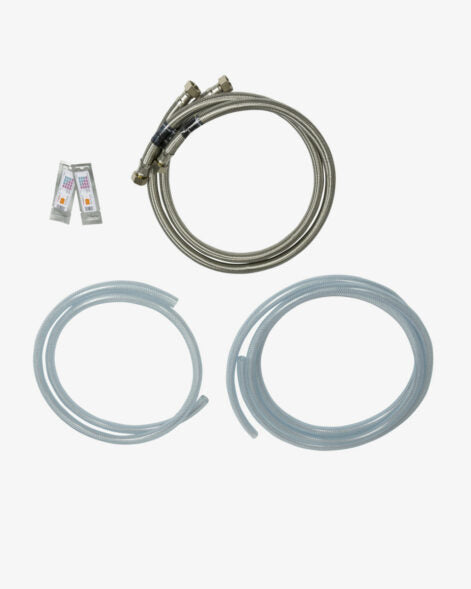 Kit d'installation facile 1/2” (15mm) | 2 tuyaux tressés en acier inoxydable + tuyau de vidange + tuyau de trop-plein + 2 bandelettes de test de dureté de l'eau