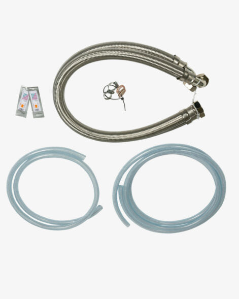 Kit di installazione semplice 1” (28 mm) | 2 tubi intrecciati in acciaio inossidabile + tubo di scarico + tubo di troppopieno + 2 strisce reattive per la durezza dell'acqua